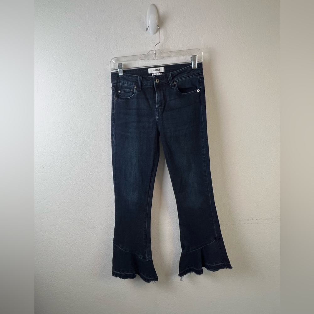 Pistola Blue Cotton Spandex Ruffle Bell Flare Fray Boho Hippie Festival Jeans